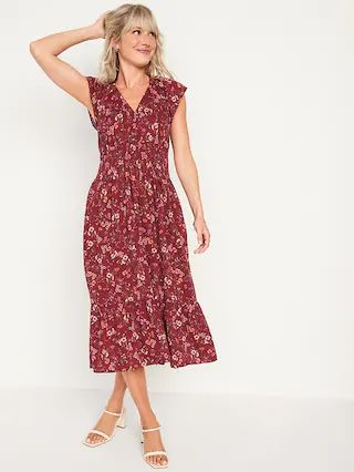 Waist-Defined Flutter-Sleeve Floral-Print Smocked Midi Dress for Women | Old Navy (CA)