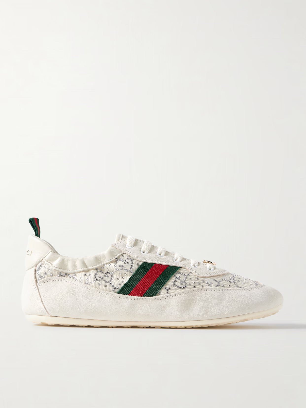 Gucci - Webbing And Leather-trimmed Embellished Mesh And Suede Sneakers - Off-white | NET-A-PORTER (US)