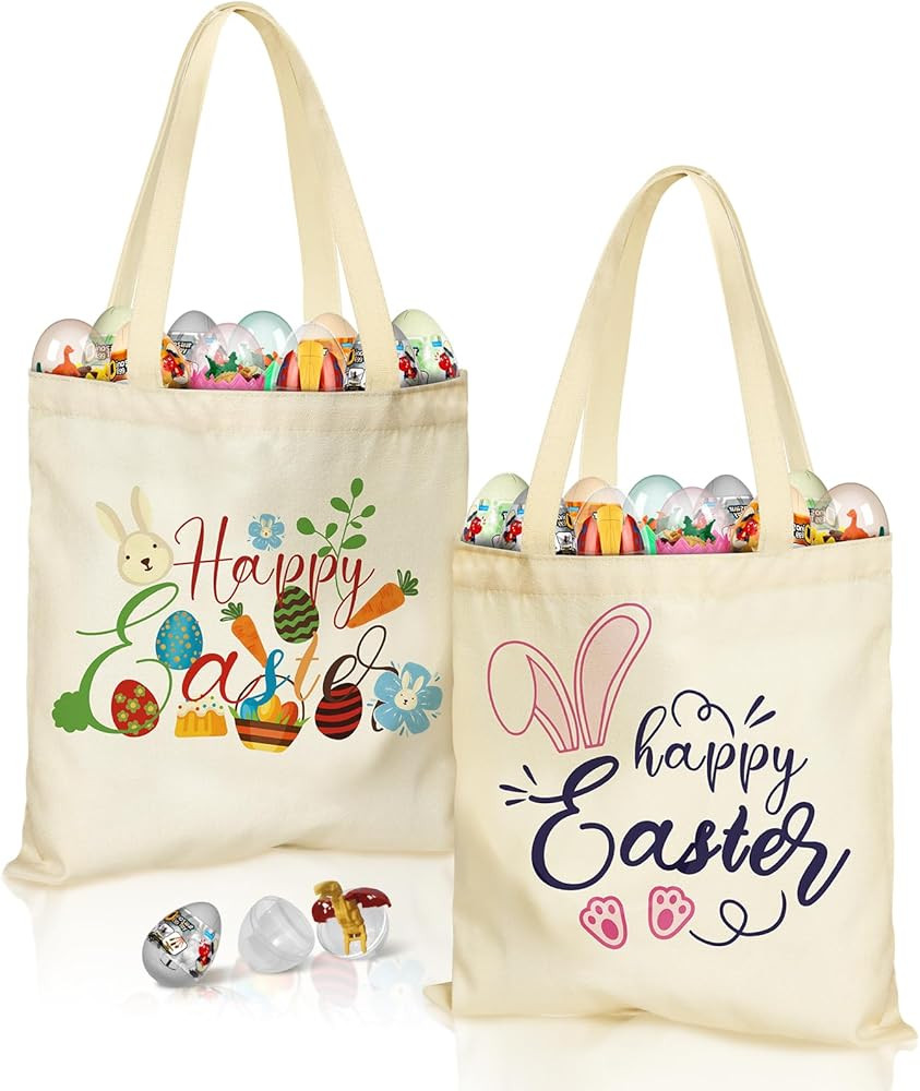 Easter Canvas Tote Bags for Kids - 2 Pack Bunny Treat Easter Canvas Bags with Handles, Perfect fo... | Amazon (US)