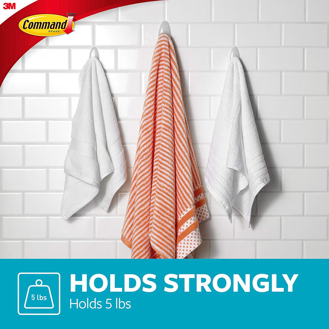 Command Bath Large Towel Hook Value Pack, Clear Frosted, 3-Large Hooks, 3-Water-Resistant Strips,... | Amazon (US)