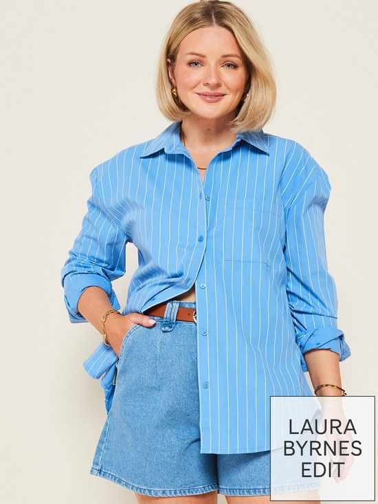 X Laura Byrnes Poplin Stripe Oversized Shirt - Blue | Very (UK)