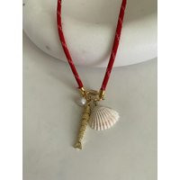 Red Paracord Seashell Necklace Gold Fish Charm, Freshwater Pearl | Etsy (US)