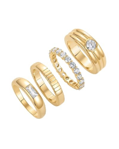 PAVOI 14K Yellow Gold Plated Stackable Rings for Women | Dainty Stackable Gold Ring Set of Four with Cubic Zirconia Multi-Bands | Trendy Fashion Jewelry - Yellow, Size 6 | Amazon (US)