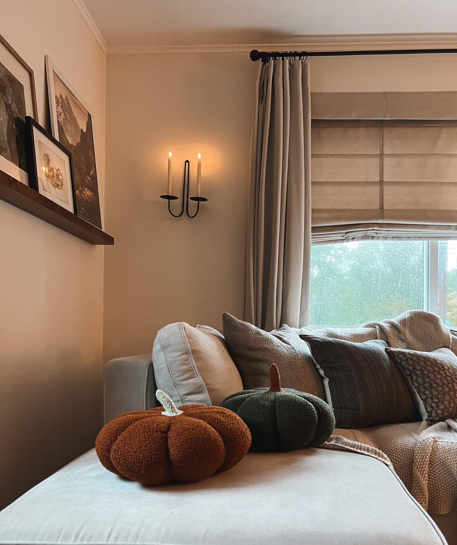 Living room fall cozy pumpkin throw pillow candelabra sconce 

#LTKhome #LTKSeasonal