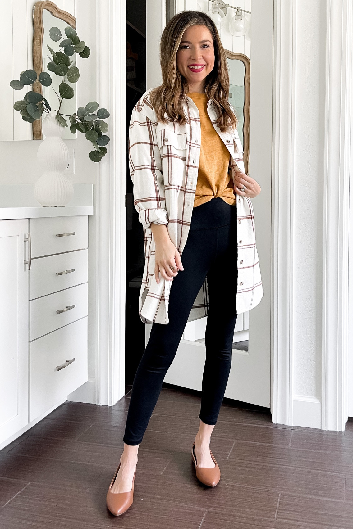 Dress and leggings 
Dress xs
Top xs
Leggings xs 
Flats 5 

#LTKSeasonal #LTKunder50 #LTKstyletip