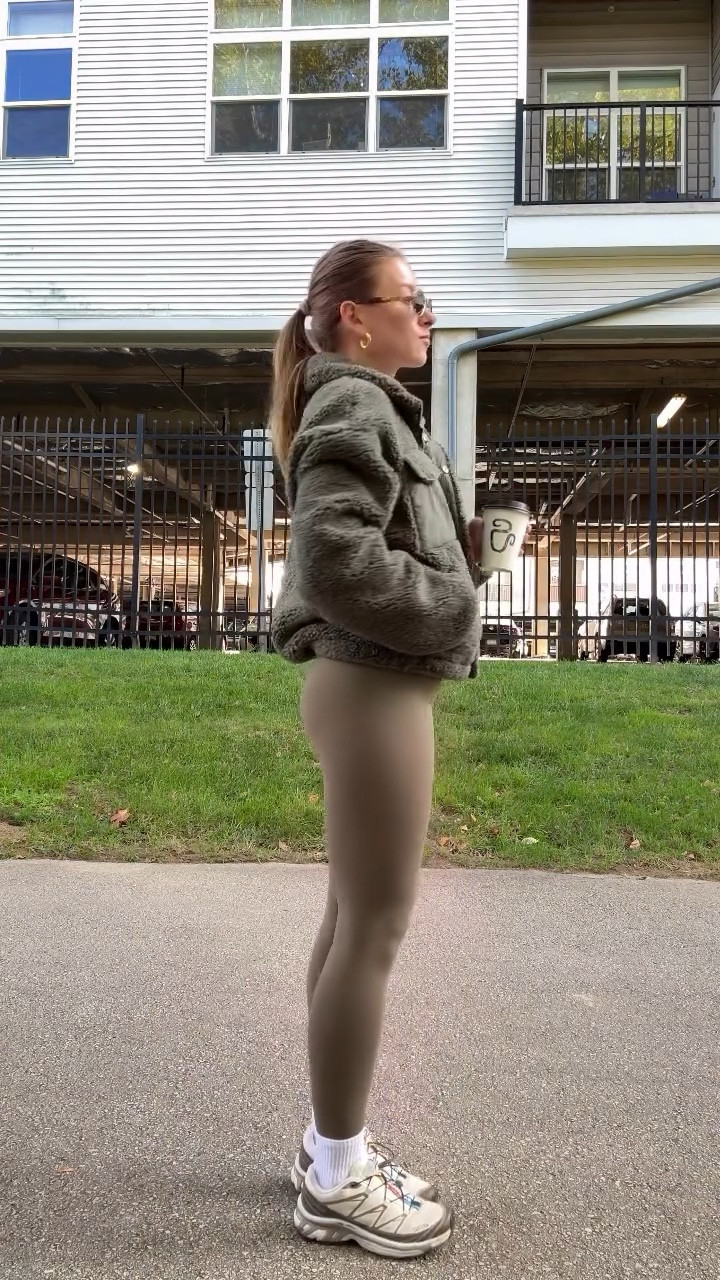 10/19/25 Starting the morning strong in my favorite green Set Active set — simple, flattering, and so comfy for workouts. Linked with my Salomon sneakers, Garmin watch for tracking, and my oval glasses. ☕️ (wearing size xs in workout set, jacket is old Abercrombie)

