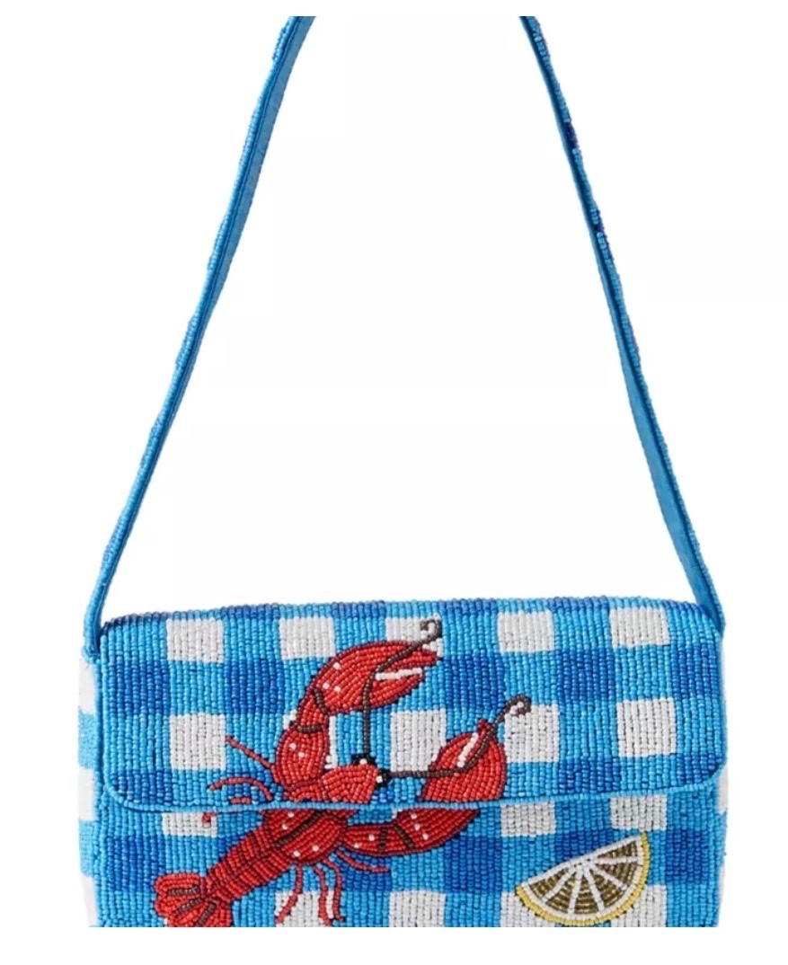 Now under $40!

belk, lobster bag, beaded bag, gingham, gingham lobsters, sale bag, New england,
