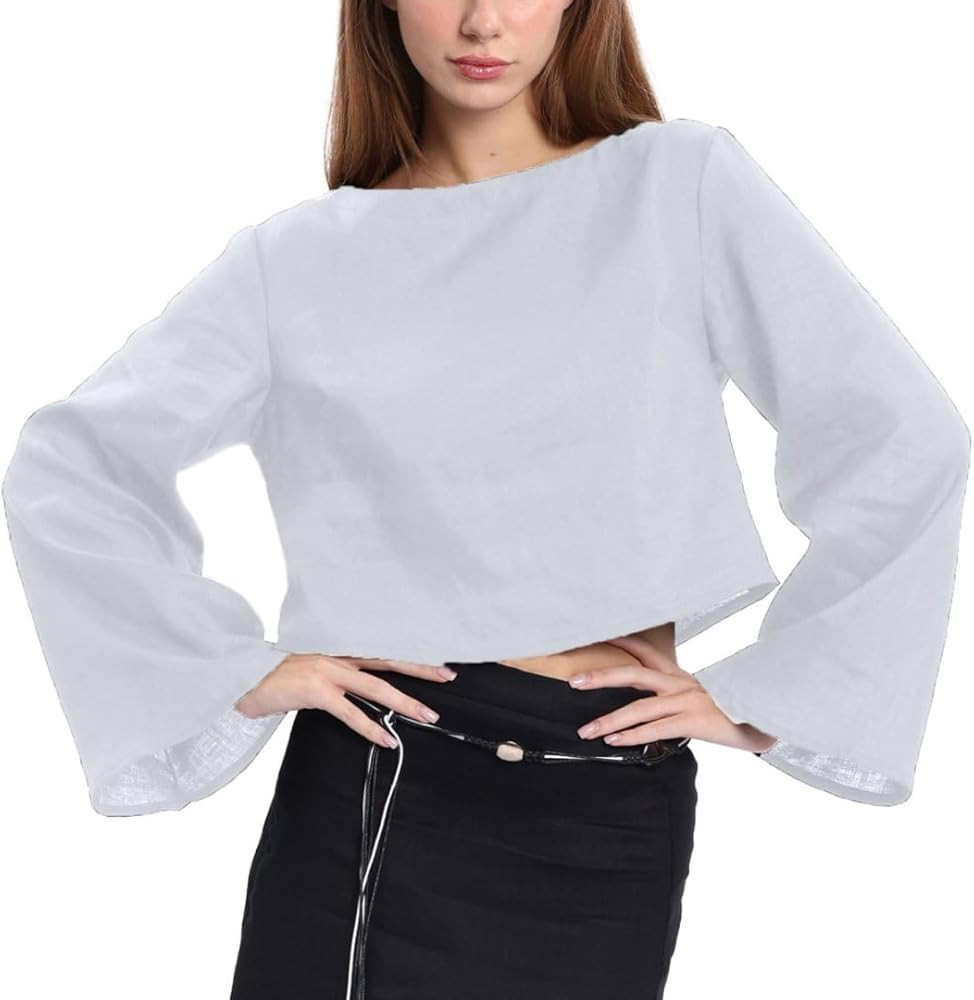 Amazhiyu Women's 100% Linen Long Sleeve Crop Top High Boat Neck Casual Blouse | Amazon (US)