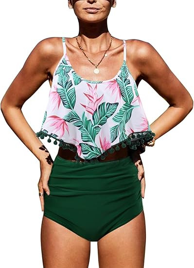 Blooming Jelly Womens High Waisted Bikini Pom Pom Trim Two Piece Swimsuit Tummy Control Flounce S... | Amazon (US)