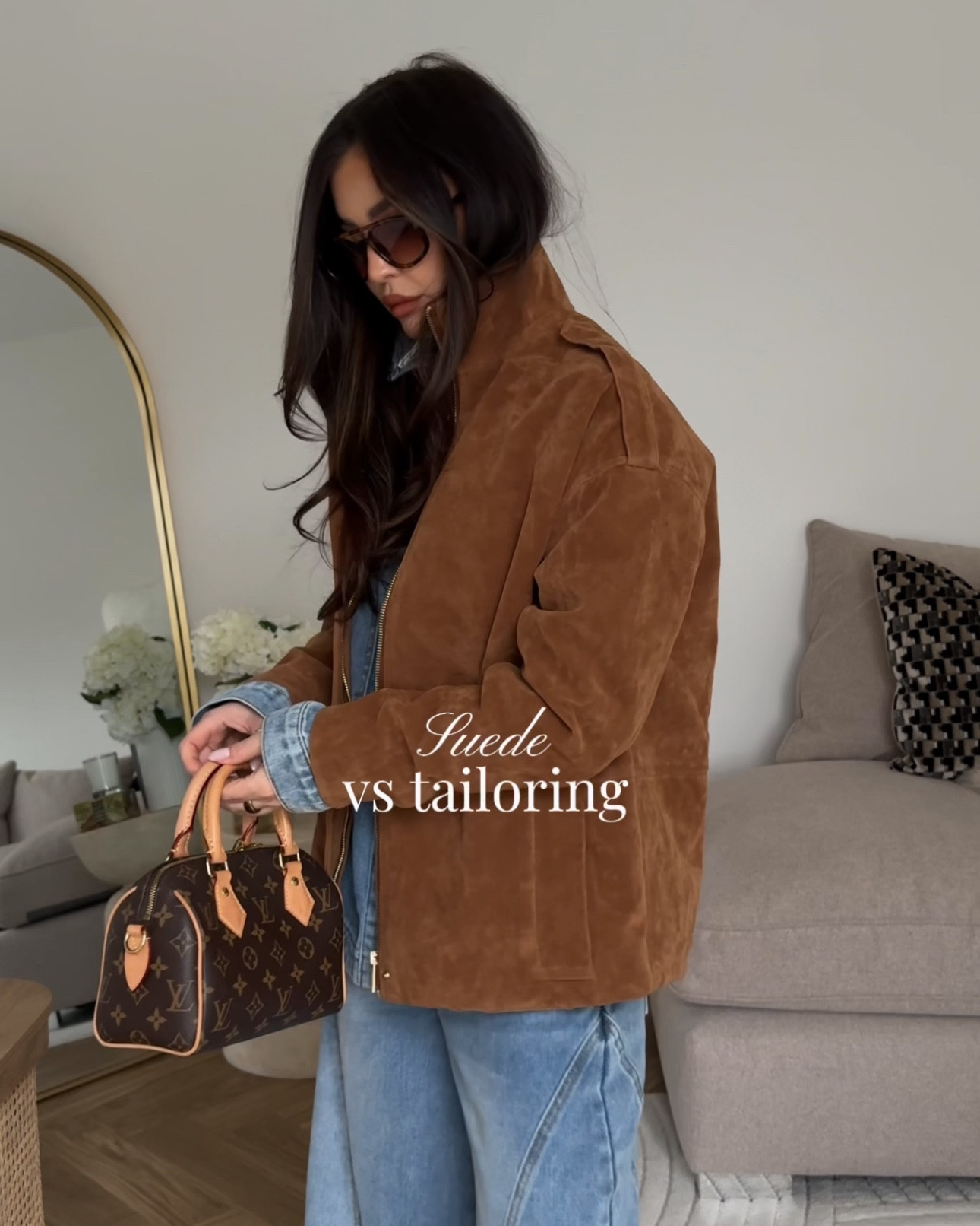 Suede jacket double denim pinstripe suit tailoring