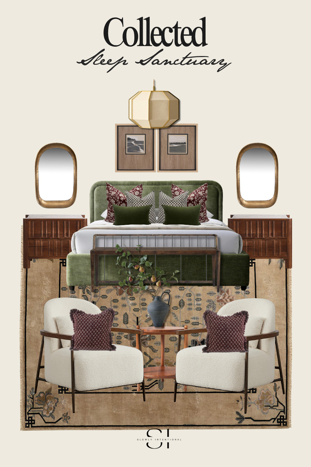 This moody bedroom moment is giving rich texture, timeless details, and cozy layers. From the vintage-style area rug to the emerald green upholstered bed, every piece was chosen for its warmth and character. I mixed deep wood tones, sculptural lighting, and burgundy accents for a space that feels grounded and lived-in—but still elevated. The velvet pillows, boucle chairs, and carved nightstands are all shoppable, so you can recreate this collected-over-time look in your own home.

Perfect for lovers of traditional, cottage-core, or organic modern design.
olive green bed, vintage bedroom rug, boucle accent chair, moody bedroom decor, slow decorating, organic modern, traditional bedroom ideas, layered bedding look

 

 #LTKHome