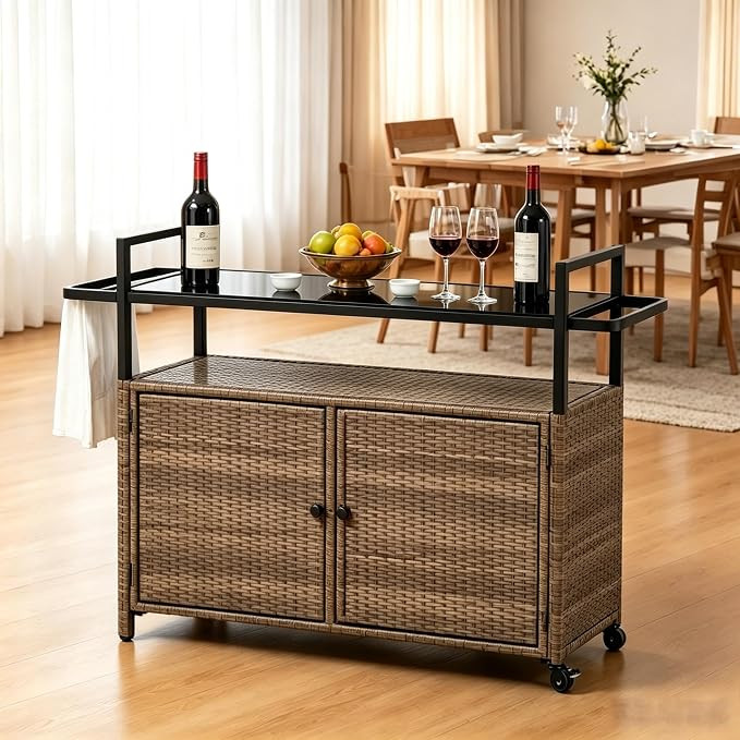Outdoor Wicker Bar Cart with Wheels, Patio Rolling Beverage Serving Cart with Tempered Glass Top,... | Amazon (US)