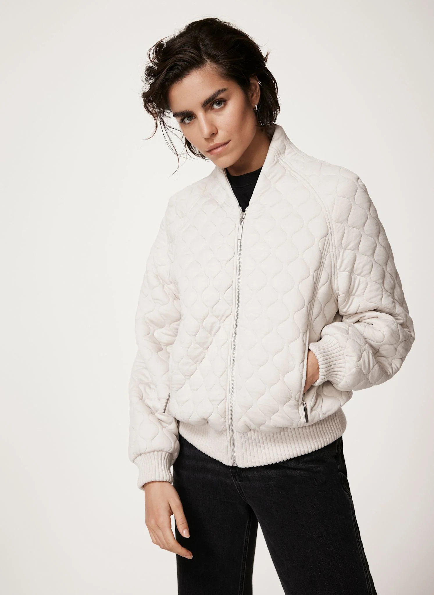 Cream Quilted Jersey Bomber Jacket | Mint Velvet