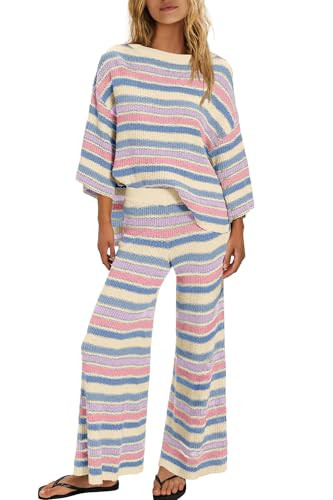ReachMe Womens Oversized Striped 2 Piece Set Sweater and Wide Leg Pants with Pockets Pajama Loung... | Amazon (US)