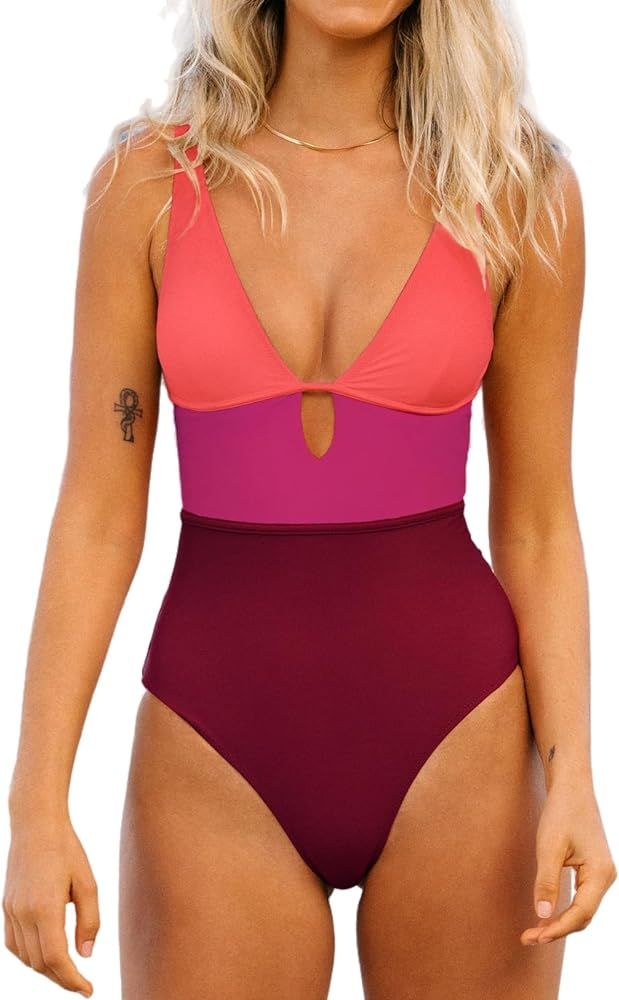 CUPSHE Women's One Piece Swimsuit Color Block Keyhole Cutout Bathing Suit | Amazon (US)