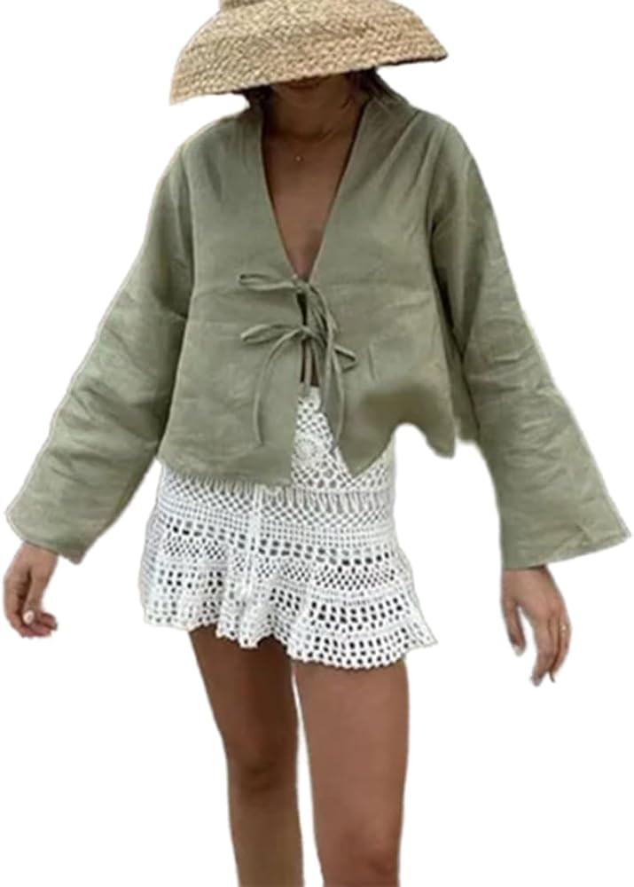 Melliflo Tie Front Top Coquette Shirt Going Out Summe Linen Shirt Y2k Long Sleeve Blouse | Amazon (US)