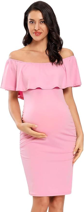 Jezero Women's Maternity Dress Off Shoulder Ruffle Sleeveless Bodycon Dress for Baby Shower | Amazon (US)