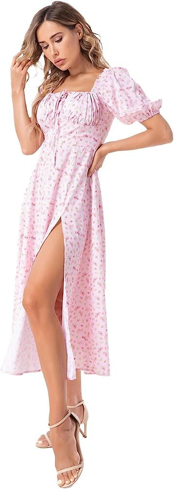 Boho Dress for Women Cottagecore Dress Maxi Dress Summer Wrap Floral Casual Vintage Square Neck Ruff | Amazon (US)