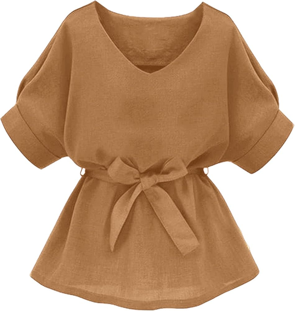 Milumia Women's Casual V Neckline Self Tie Short Sleeve Work Blouse Tunic Tops | Amazon (US)