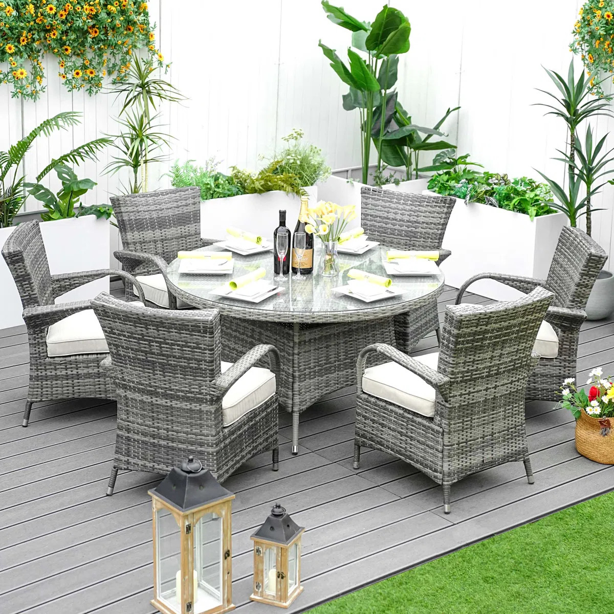 6 - Person Wicker Patio Dining Set with Round Table , Cushions Included | Wayfair North America