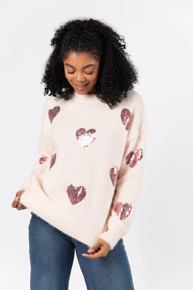 True Romance Blush Sequin Heart Sweater | Pink Lily