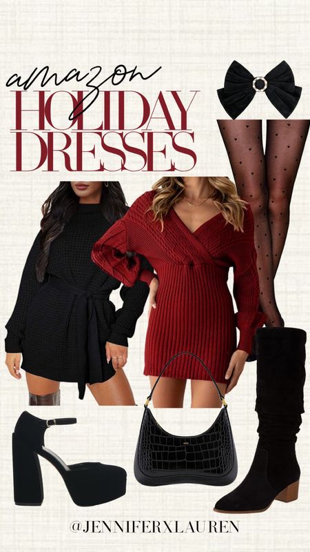Amazon holiday outfit. Sweater dresses. Black Friday deal. Amazon heels. Amazon dress. Sweater dress. Polka dot tights. Tights outfit. Thanksgiving outfit  

#LTKCyberweek #LTKunder50 #LTKHoliday