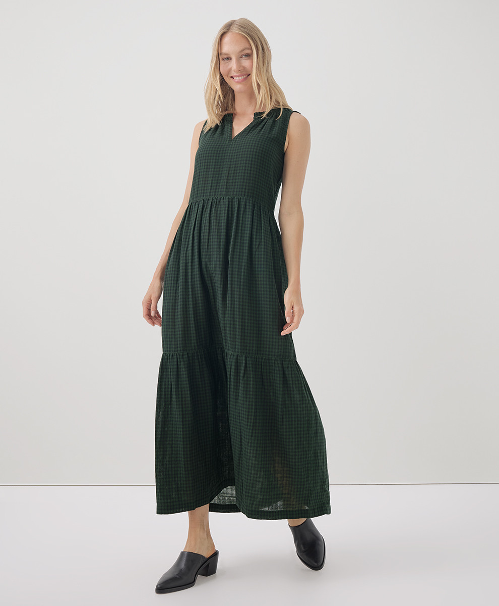 Women's Mountain View Gingham Coastal Double Gauze Ruffle Maxi Dress 2XL | Pact Apparel