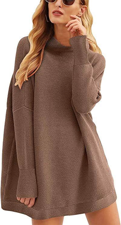 Prinbara Women's Long Sleeve Turtleneck Sweater Dress Loose Fitting Knit Pullover Dress White 2PA... | Amazon (US)