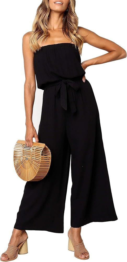 Women's Casual Off Shoulder Solid Color Strapless Belted Wide Leg Jumpsuit Romper | Amazon (US)