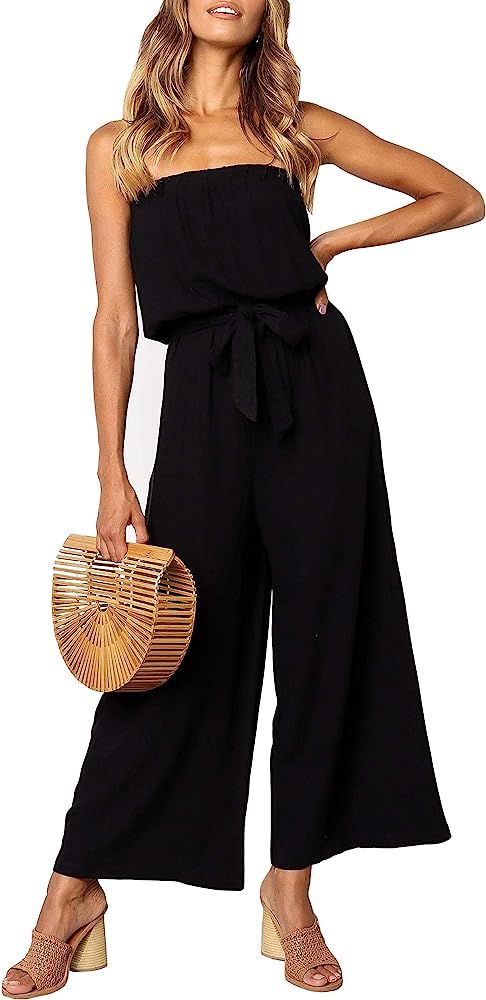 Women's Casual Off Shoulder Solid Color Strapless Belted Wide Leg Jumpsuit Romper | Amazon (US)