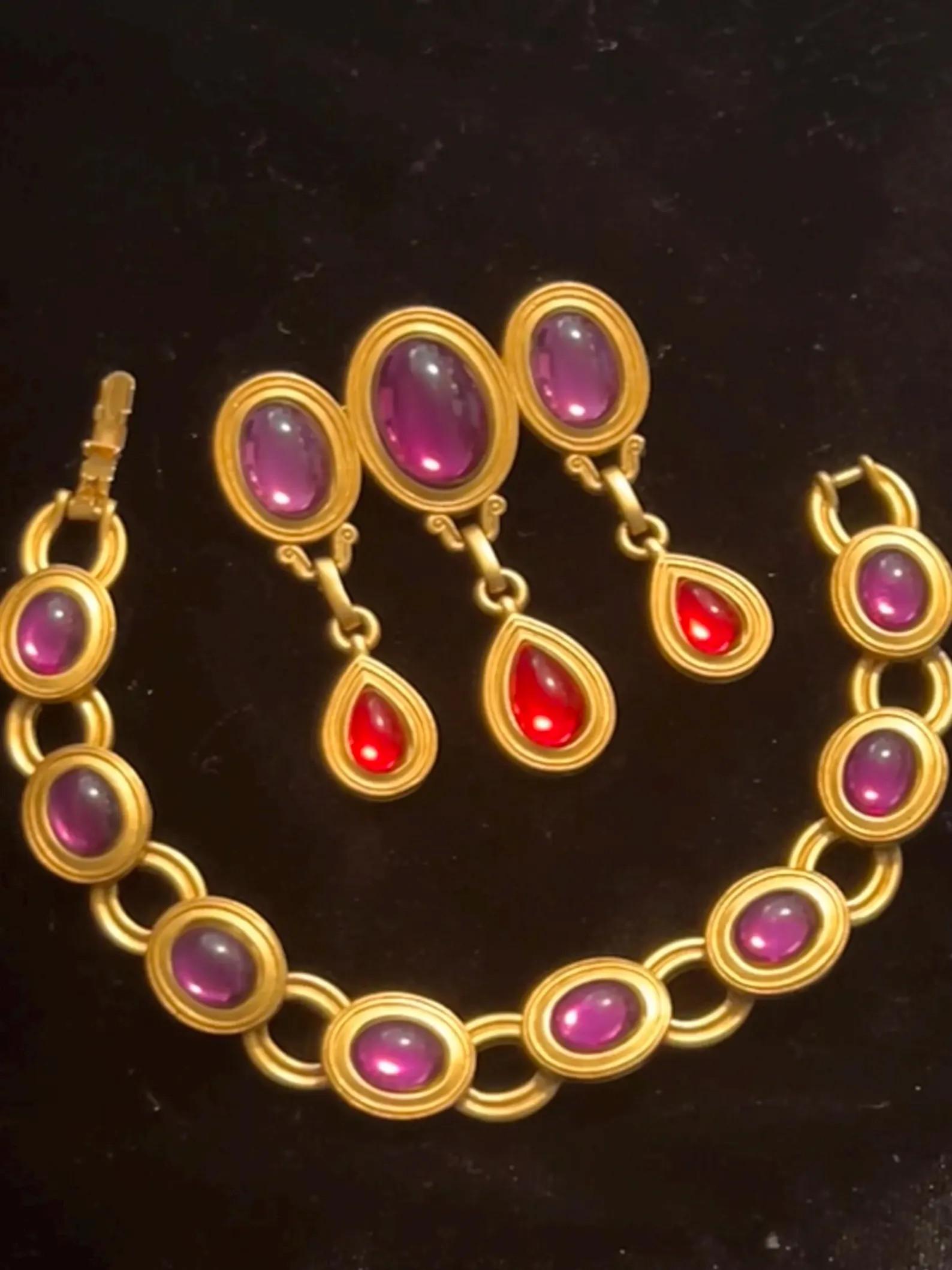 Vintage Signed Monet for YSL Set Matte Gold Plated Lucite Rare Purple Red Cabochon Gripoix Brooch... | Etsy (US)