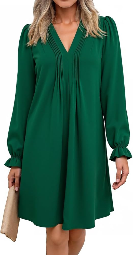 Dokotoo Womens Casual Dress A-Line Ruffle Sleeve V Neck Midi Dress 2025 Fashion Pleated Flowy Sun... | Amazon (US)