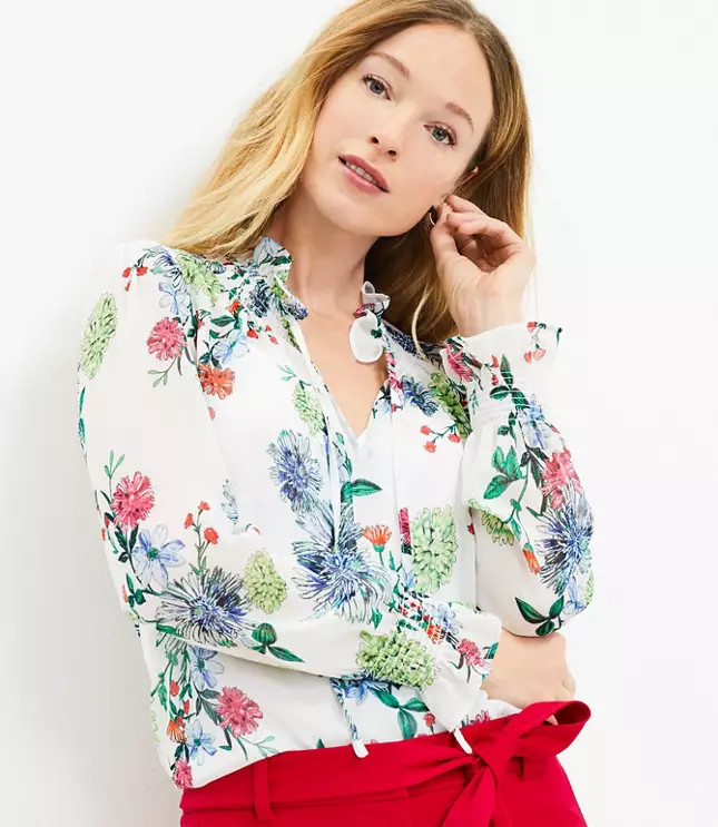 Bouquet Ruffle Tie Neck Blouse | LOFT