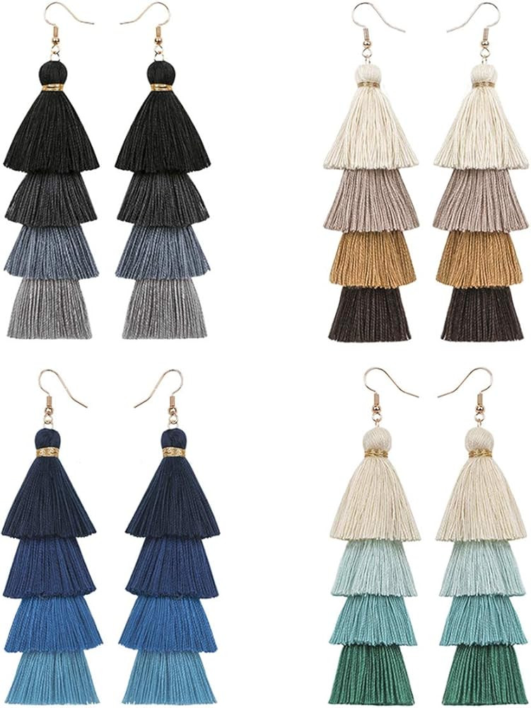 Eigso Women 3-9 Pairs Colorful Long Tassel Thread Ball Dangle Earrings Boho Black Red Sequin Drop... | Amazon (US)