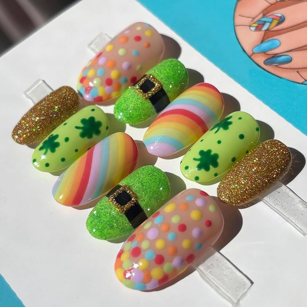 24Pcs St. Patrick's Day Press on Nails Medium Almond Polka Dot Fake Nails Rainbow Belt Design Gre... | Amazon (US)