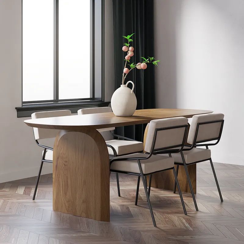 70.9" Japandi Dining Table Solid Wood Top & Pedestals for 6-Homary | Homary