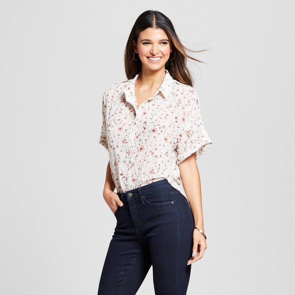 Women's Floral Print Short Sheer Dolman Sleeve Button-Up Blouse - Éclair White XS, Size: XS | Target
