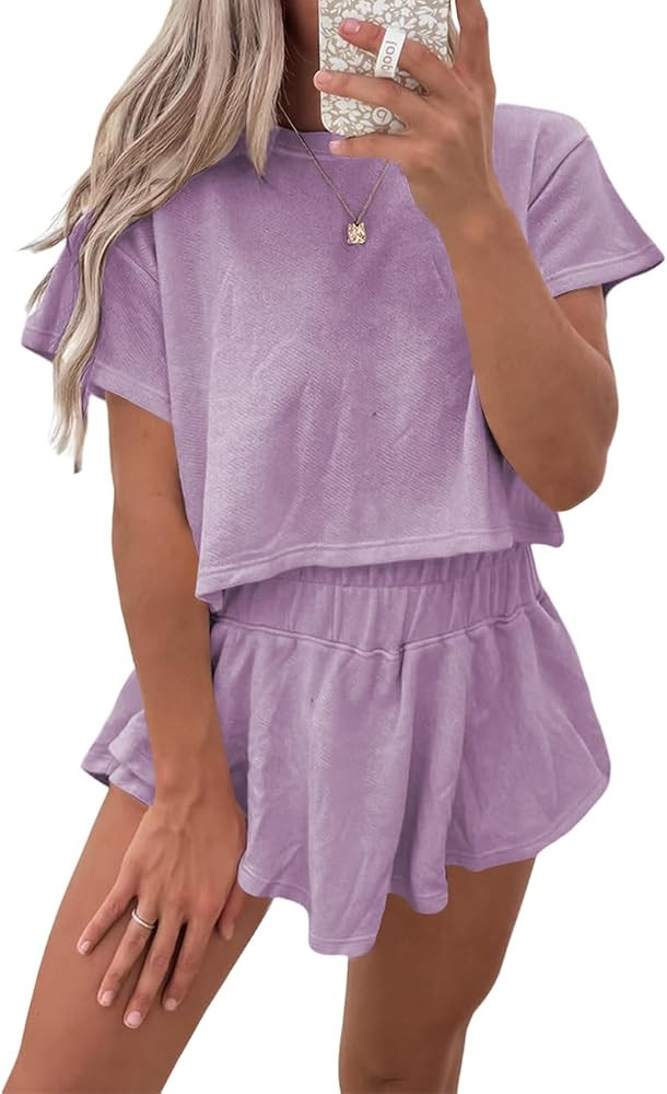 Ecosunny Women's Summer 2 Piece Sets Sweatsuits Casual Cropped Tee and Skort Set Matching Sets Tr... | Amazon (US)