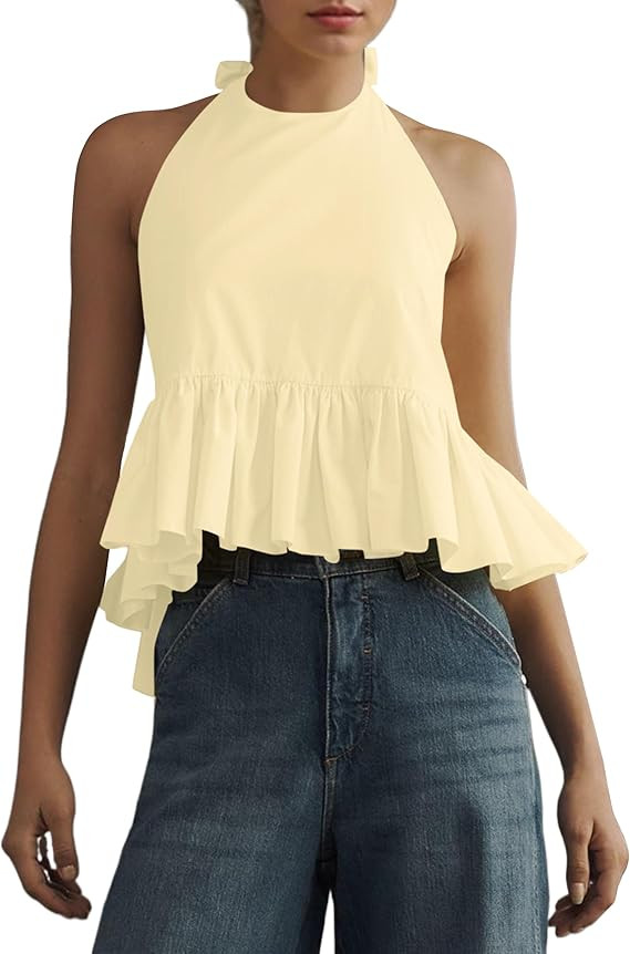 Women Ruffle Hem Babydoll Peplum Top Halter Neck Backless Tank Tops Open Back Summer Vacation Flo... | Amazon (US)
