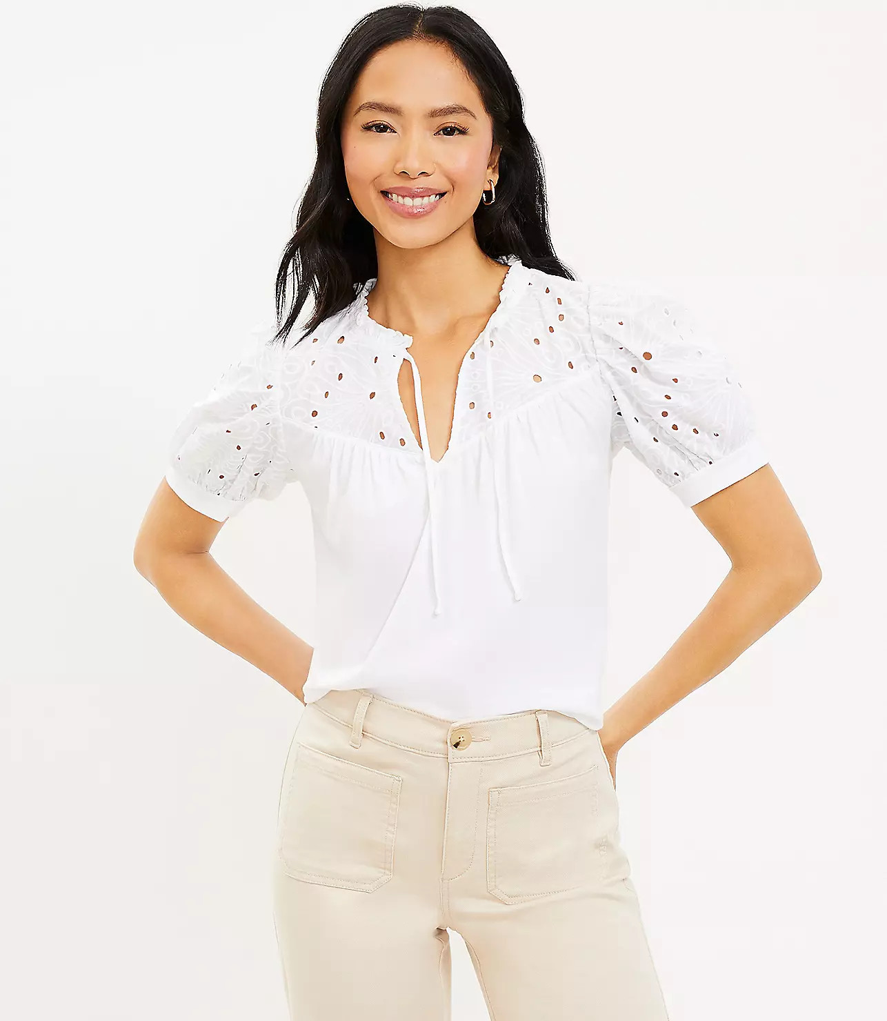 Eyelet Tie Neck Puff Sleeve Mixed Media Top | LOFT