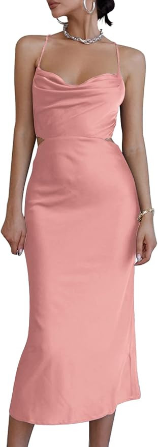 LYANER Women's Satin Cowl Neck Straps Slip Sexy Cut Out Cocktail Midi Dress | Amazon (US)