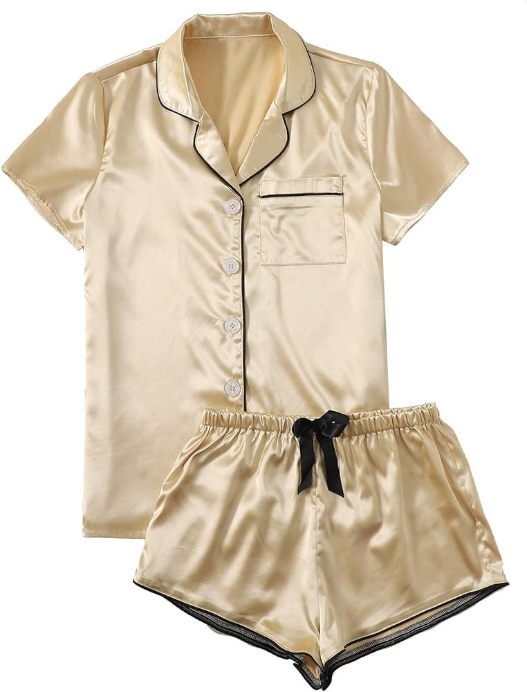 WDIRARA Women's Satin Sleepwear Short Sleeve Button Shirt and Shorts Pajama Set Silky PJ | Amazon (US)