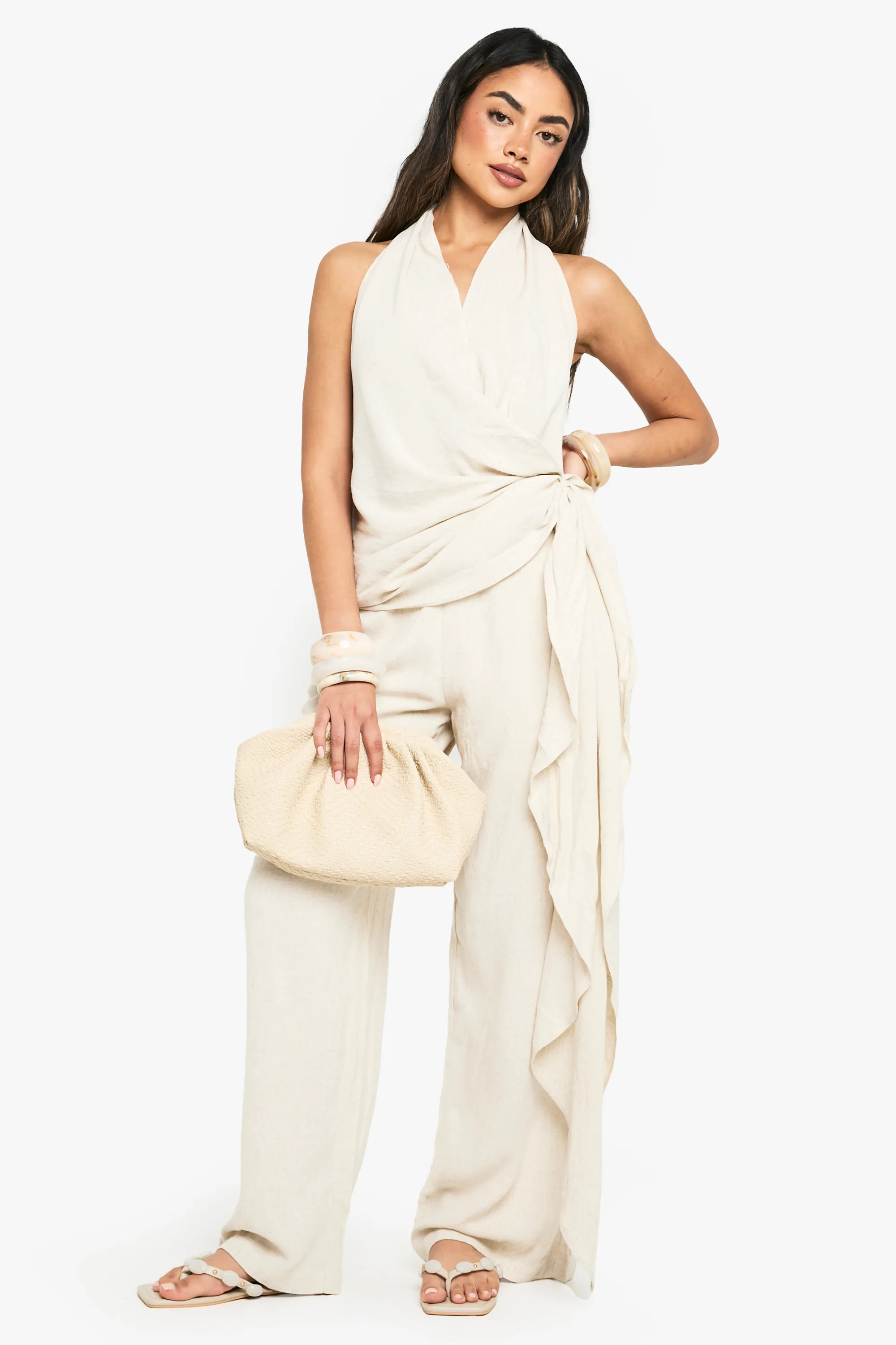 Jumpsuits | Linen Look Drape Cowl Wrap Jumpsuit | Boohoo | Boohoo.com (UK & IE)