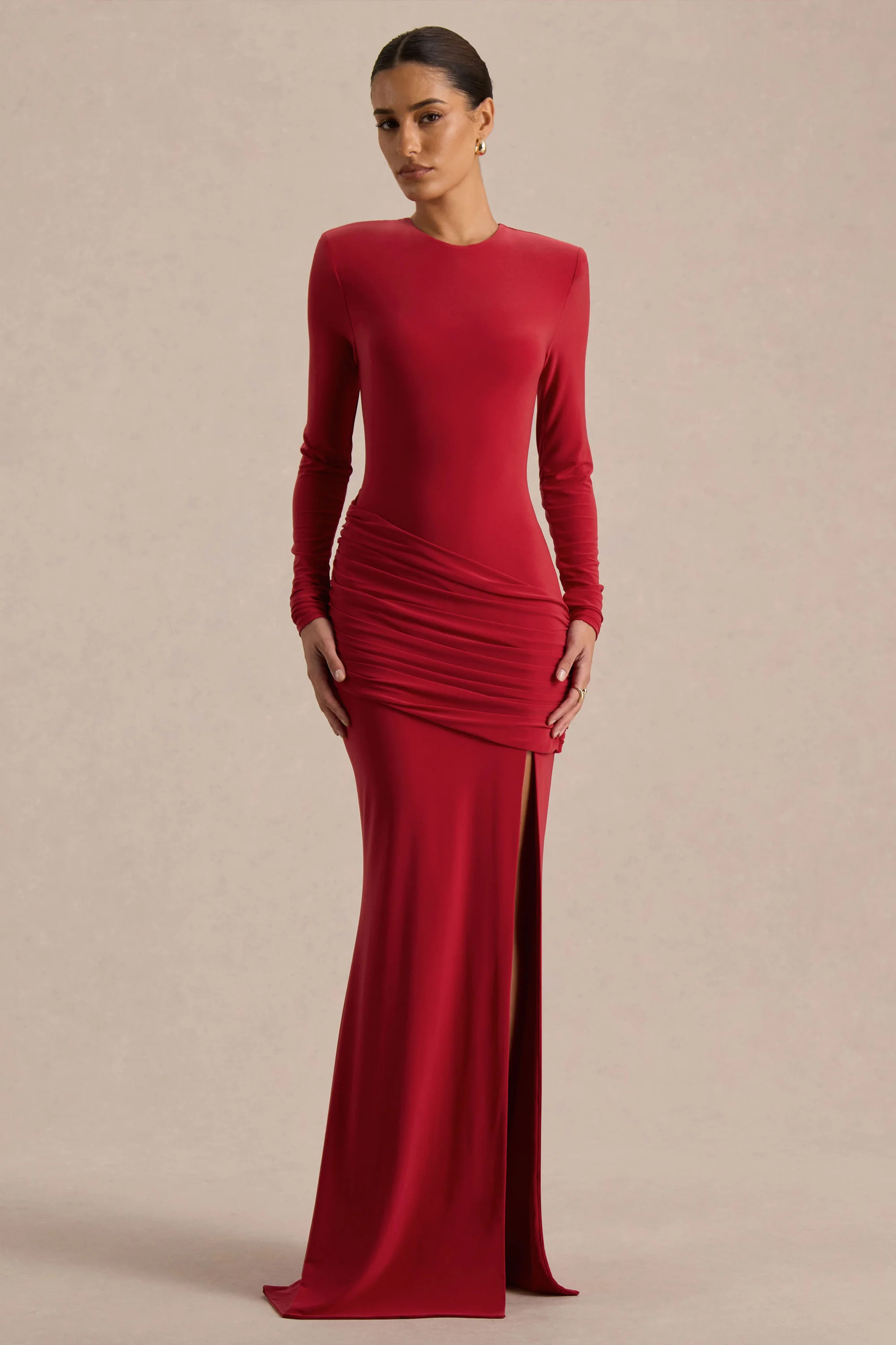 Liora | Red Crew-Neck Maxi Dress With Front-High Split | Club L London