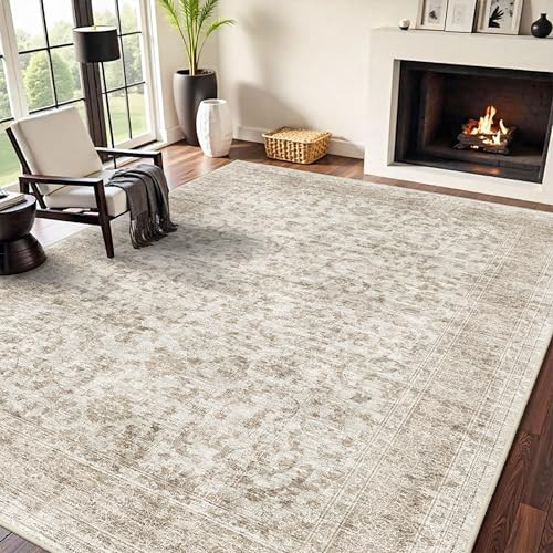 RUUGME Living Room Area Rug 8x10 - Vintage Washable Rugs with Non Slip Backing Indoor Stain Resistant Carpet for Bedroom Playroom Soft Lightweight Ultra-Thin Home Decor Mat 8x10 Beige Brown | Amazon (US)