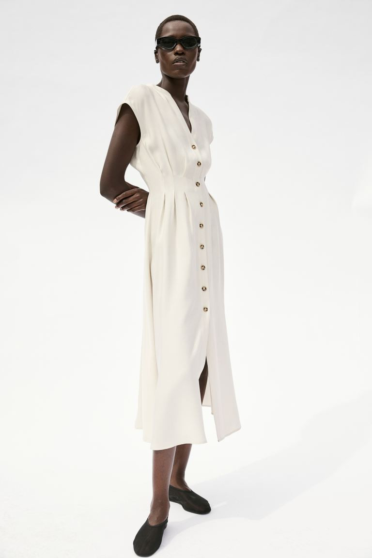 Shirt Dress with Tapered Waist - V-neck - Short sleeve - Light beige - Ladies | H&M US | H&M (US + CA)