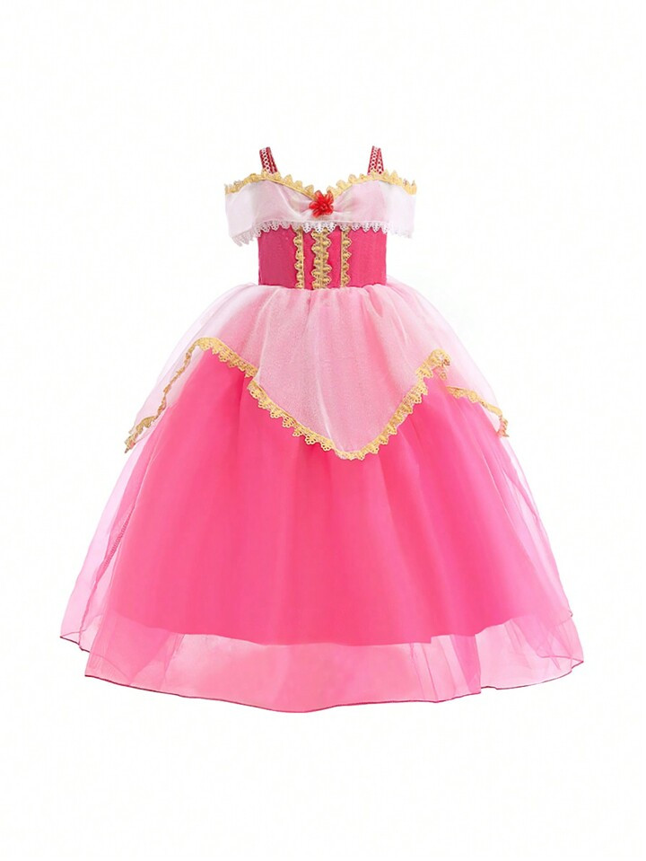 Young Girl Pink Satin Tulle Off-Shoulder Puff Skirt/ Dress, Elegant Outfit, Suitable For Role Pla... | SHEIN