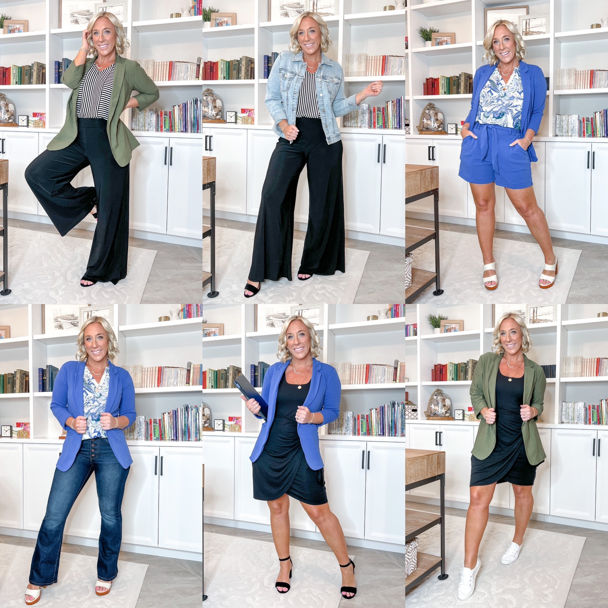 Green blazer - size medium.
Striped tee - size medium.
Black wide leg pants - size medium.
Jean jacket - size small.
Blue blazer - size medium. 
Blue shorts - size medium.
Blouse - size medium.
Jeans - size small, but should have done a medium. 
Black dress - size medium.
Heels/shoes all tts  

#LTKworkwear #LTKSeasonal #LTKstyletip