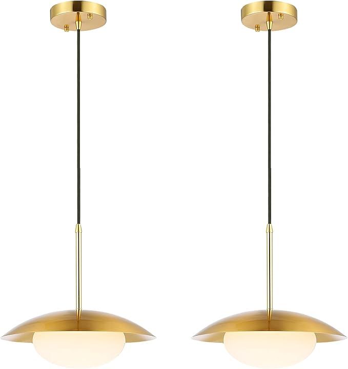 Modern Pendant Lighting Set of 2 Industrial Hanging Light Brushed Brass Finished Dome Shades Whit... | Amazon (US)