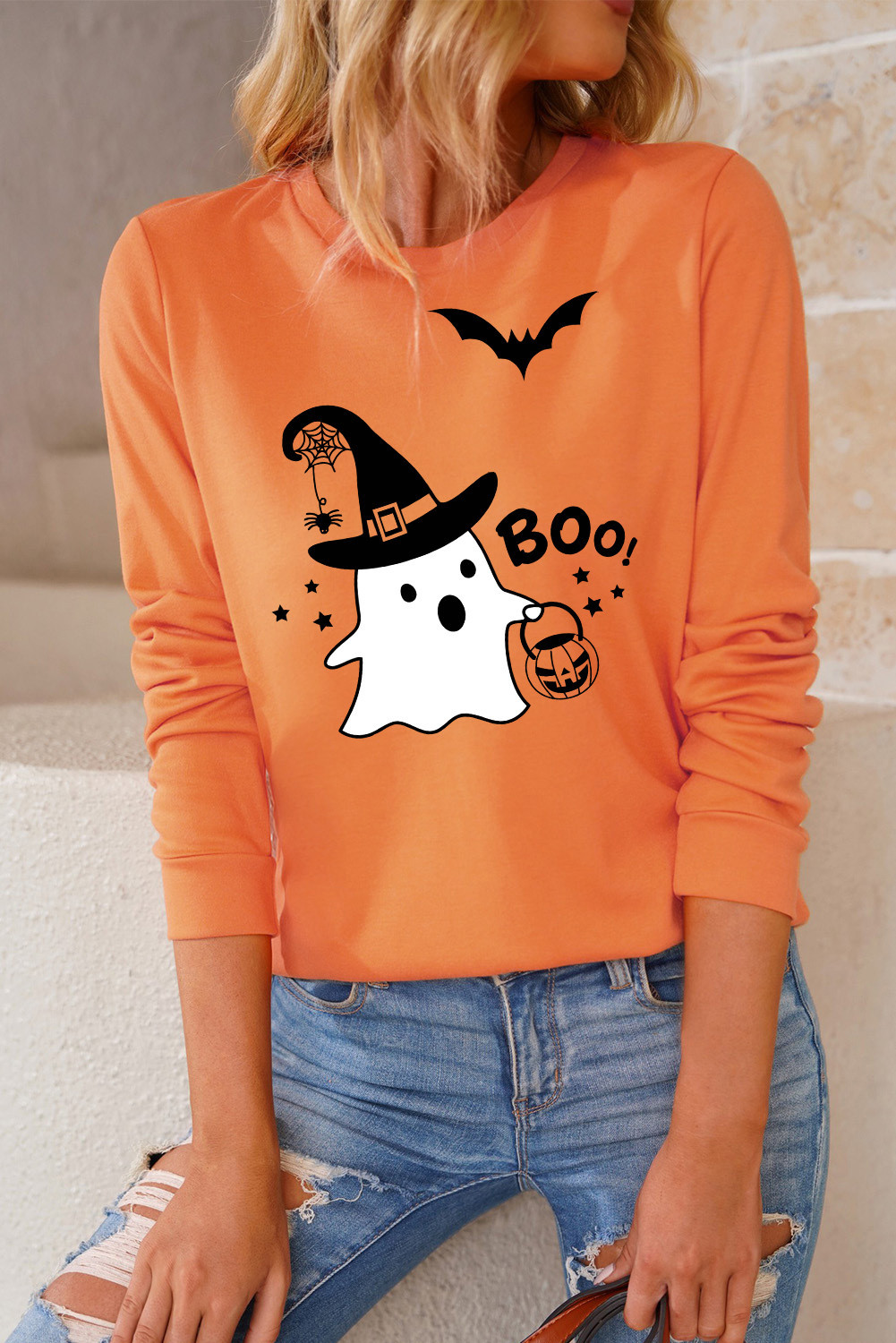 Cartoon Ghost BOO Crew Neck Long Sleeve Top | Evaless